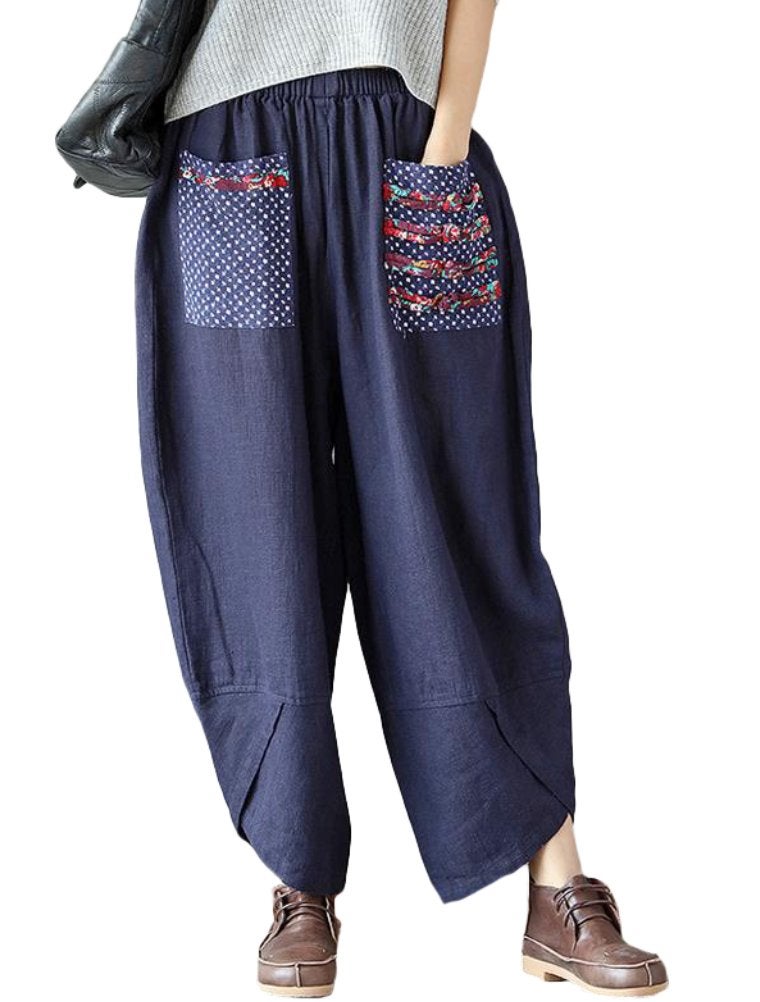 Minibee Women's Baggy Linen Wide Leg Trousers Casual Patchwork Elastic Waist Harem Pants Navy Blue L - Image 1